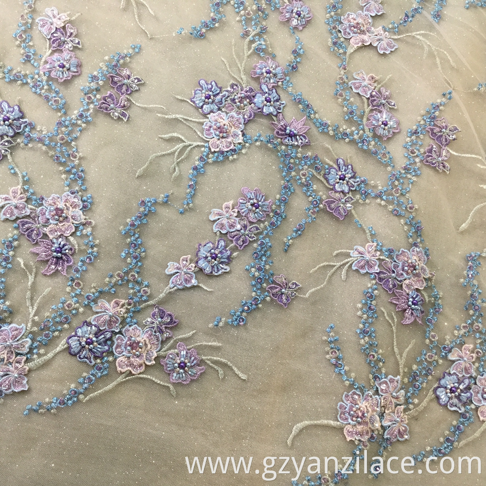 Purple Handmade Beaded Crystal Lace Fabric